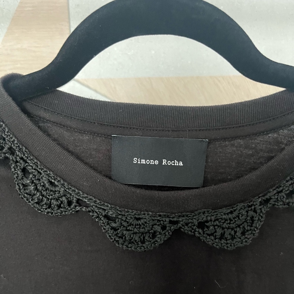Simone Rocha black short sleeve cotton top with crotchet details